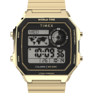 World Time Digital 40mm Stainless Steel Bracelet Watch
